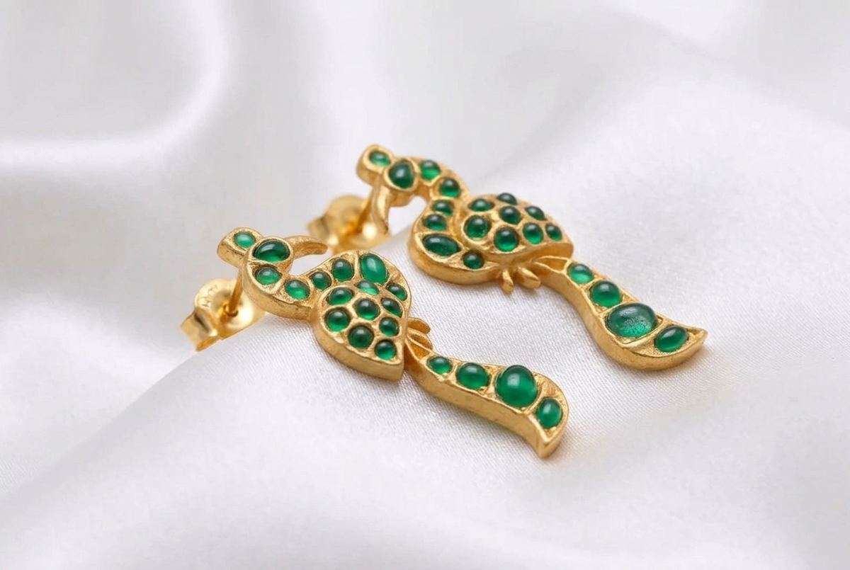 Antique Gold Bird Motif Temple Earrings – Emerald Green Cabochon Stone Peacock Drop Earrings