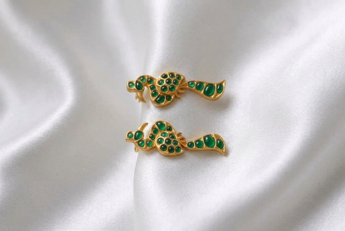 Antique Gold Bird Motif Temple Earrings – Emerald Green Cabochon Stone Peacock Drop Earrings