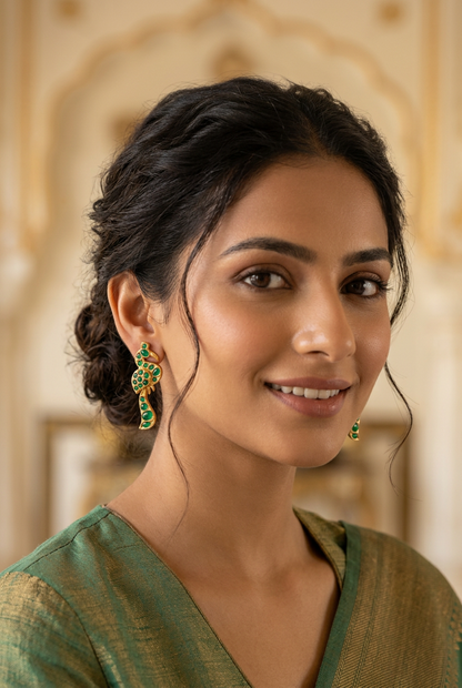 Antique Gold Bird Motif Temple Earrings – Emerald Green Cabochon Stone Peacock Drop Earrings