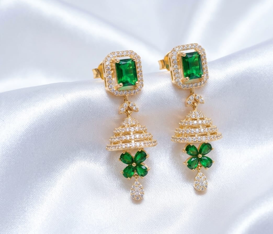Emerald Green & CZ Jhumka Earrings – Gold Plated Rectangle Stud Layered Jhumki