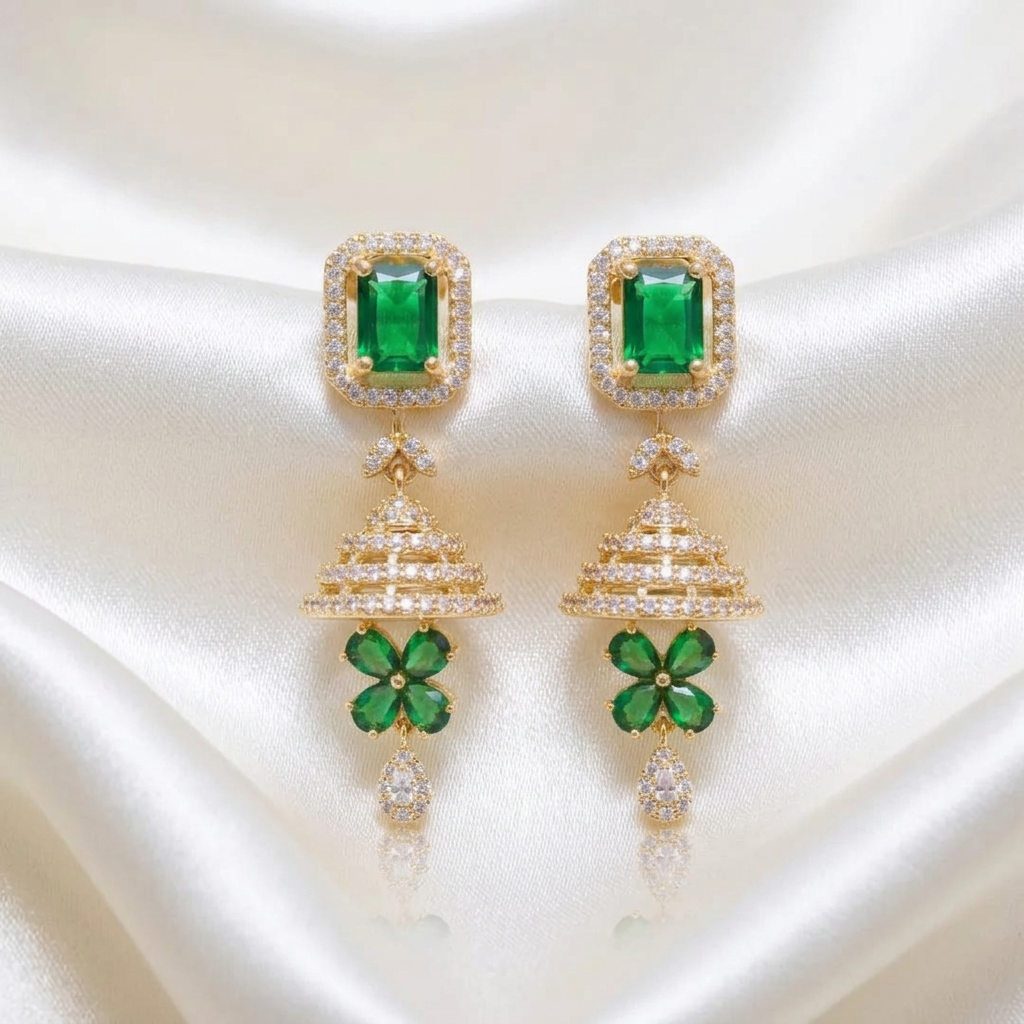 Emerald Green & CZ Jhumka Earrings – Gold Plated Rectangle Stud Layered Jhumki