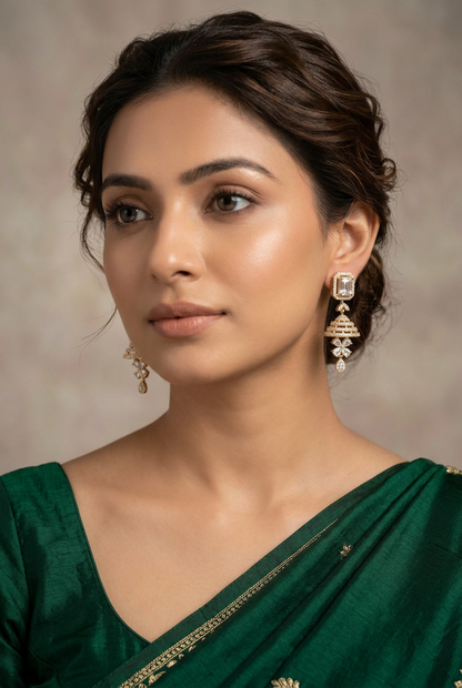 Solitaire CZ Jhumka Earrings – Gold Plated Emerald Cut White Stone Layered Jhumki