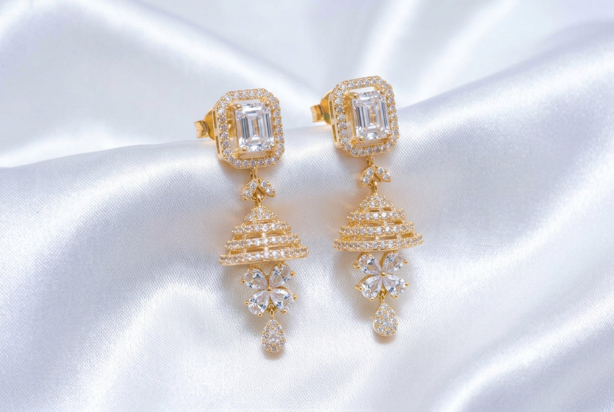 Solitaire CZ Jhumka Earrings – Gold Plated Emerald Cut White Stone Layered Jhumki
