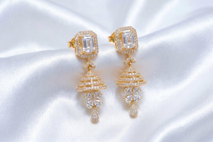 Solitaire CZ Jhumka Earrings – Gold Plated Emerald Cut White Stone Layered Jhumki