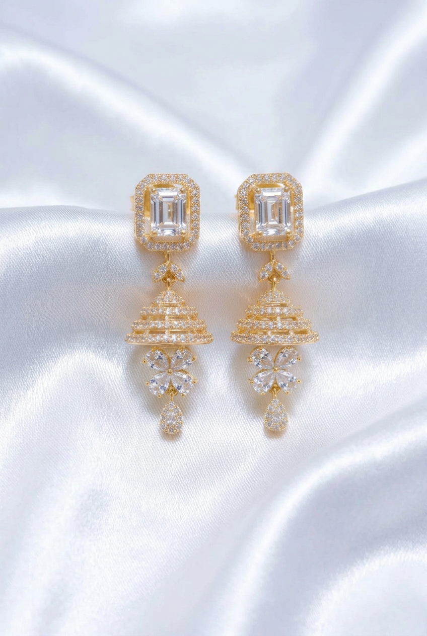 Solitaire CZ Jhumka Earrings – Gold Plated Emerald Cut White Stone Layered Jhumki