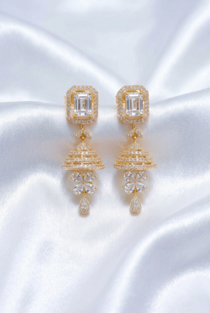 Solitaire CZ Jhumka Earrings – Gold Plated Emerald Cut White Stone Layered Jhumki
