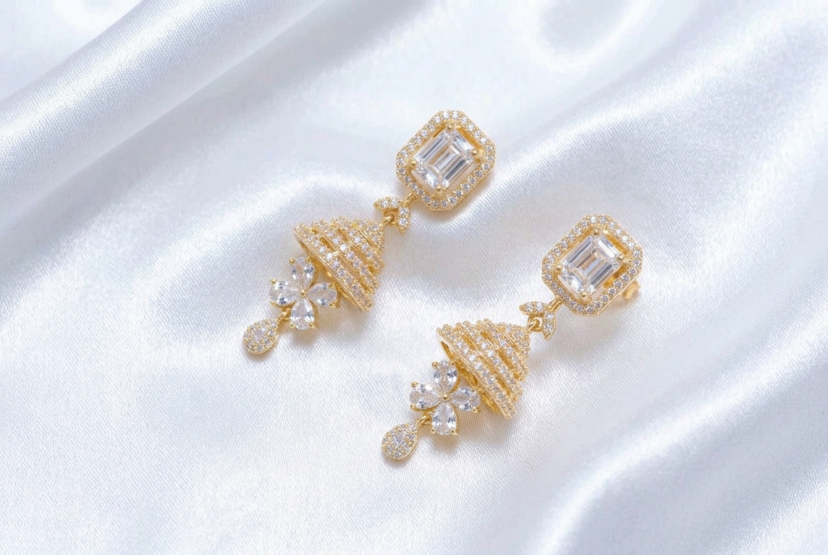 Solitaire CZ Jhumka Earrings – Gold Plated Emerald Cut White Stone Layered Jhumki