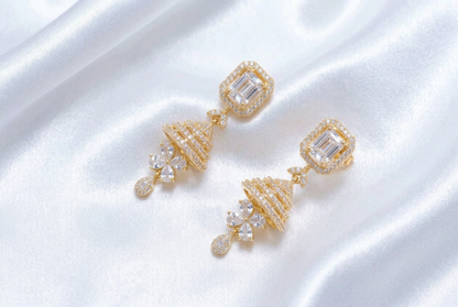 Solitaire CZ Jhumka Earrings – Gold Plated Emerald Cut White Stone Layered Jhumki