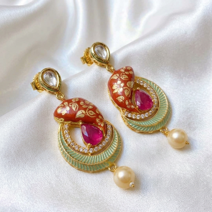Handpainted Meenakari & Kundan Drop Earrings – Gold Finish Crescent Earrings with Pearl Drop