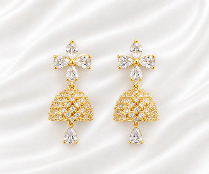 Gold-Plated CZ Floral Studded Jhumka Earrings with Pear-Cut Stone Drops