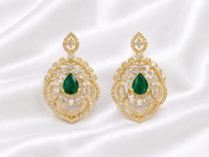 Exquisite Gold-Plated CZ & Green Stone Drop Earrings | Traditional Ethnic & Festive Jewelry