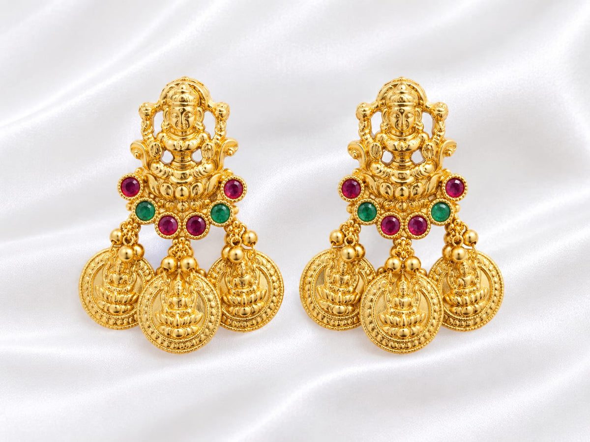 Traditional Gold-Plated Lakshmi Temple Jhumka/Drop Earrings with Ruby & Emerald Stones