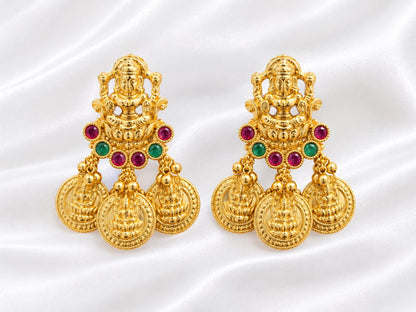 Traditional Gold-Plated Lakshmi Temple Jhumka/Drop Earrings with Ruby & Emerald Stones