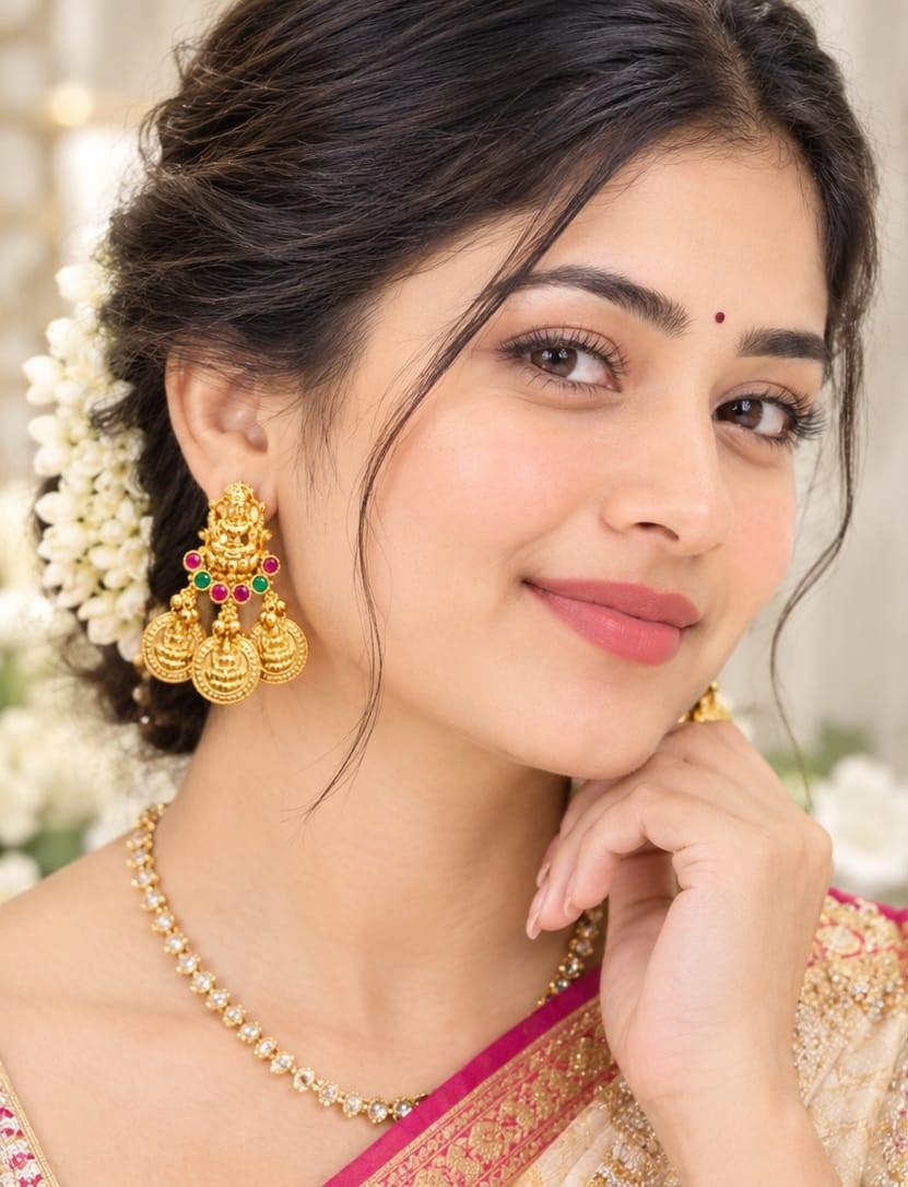 Traditional Gold-Plated Lakshmi Temple Jhumka/Drop Earrings with Ruby & Emerald Stones
