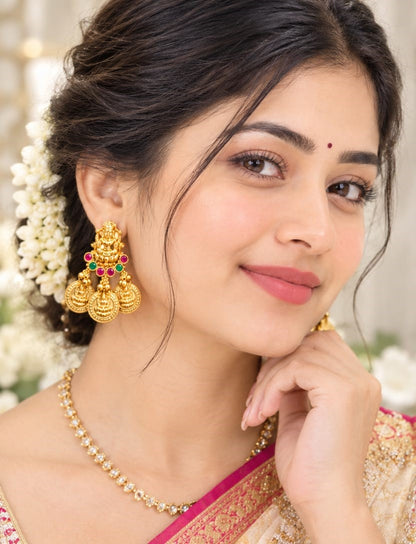 Traditional Gold-Plated Lakshmi Temple Jhumka/Drop Earrings with Ruby & Emerald Stones