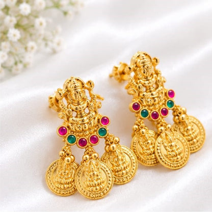 Traditional Gold-Plated Lakshmi Temple Jhumka/Drop Earrings with Ruby & Emerald Stones
