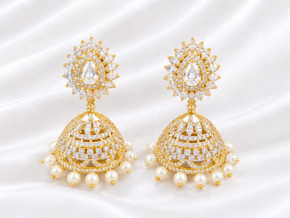 Radiant Floral CZ American Diamond Jhumka Earrings with Pearl Drops