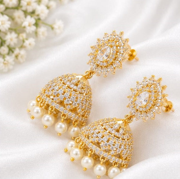 Radiant Floral CZ American Diamond Jhumka Earrings with Pearl Drops