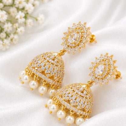 Radiant Floral CZ American Diamond Jhumka Earrings with Pearl Drops