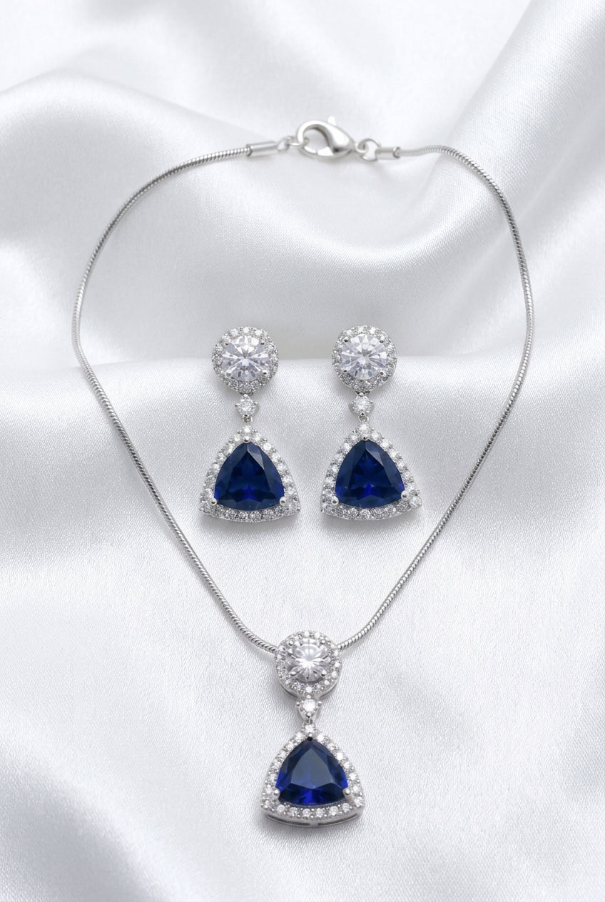 Elegant Sapphire Blue Trillion-Cut Pendant & Earring Set