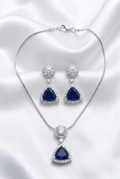 Elegant Sapphire Blue Trillion-Cut Pendant & Earring Set