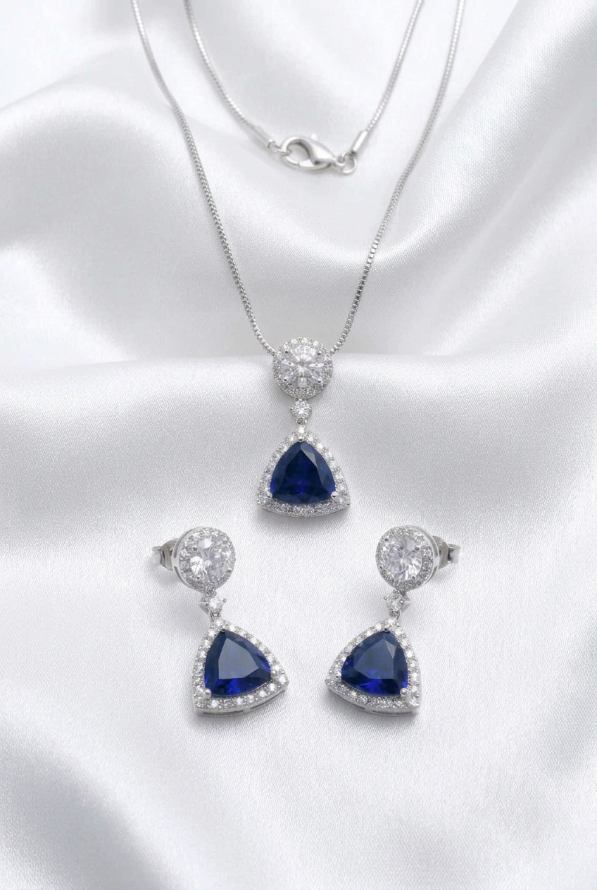 Elegant Sapphire Blue Trillion-Cut Pendant & Earring Set
