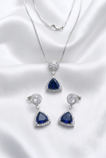 Elegant Sapphire Blue Trillion-Cut Pendant & Earring Set