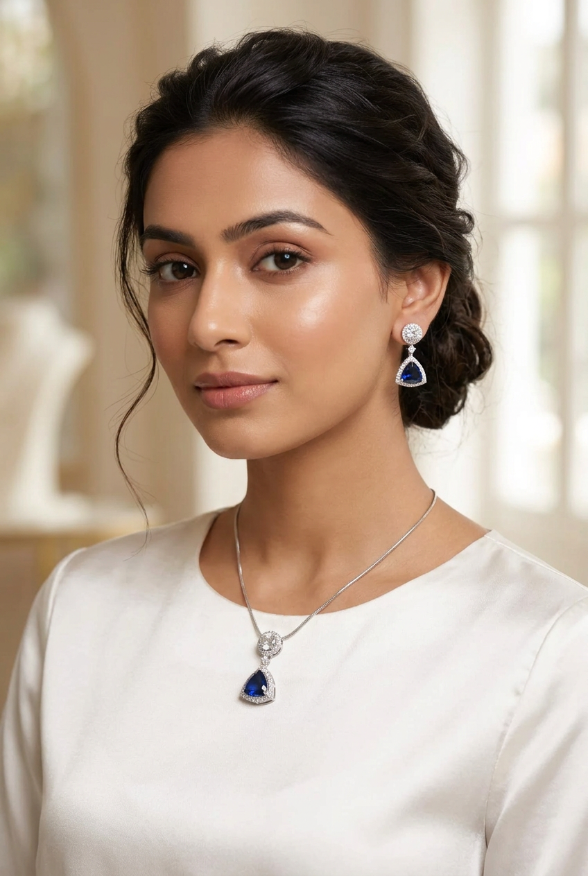 Elegant Sapphire Blue Trillion-Cut Pendant & Earring Set