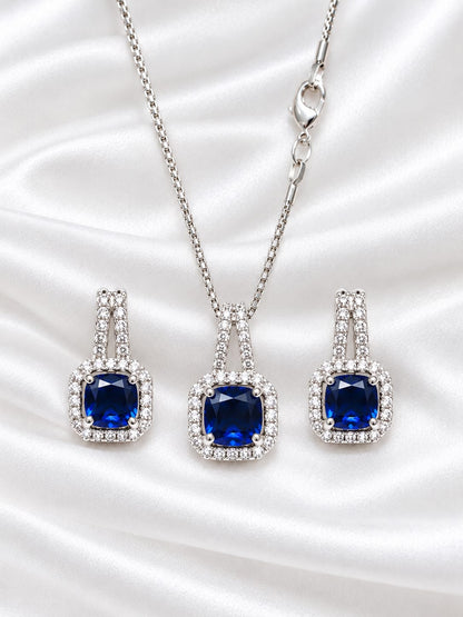 Elegant Blue Cushion-Cut Zircon Pendant Necklace & Matching Earrings Set