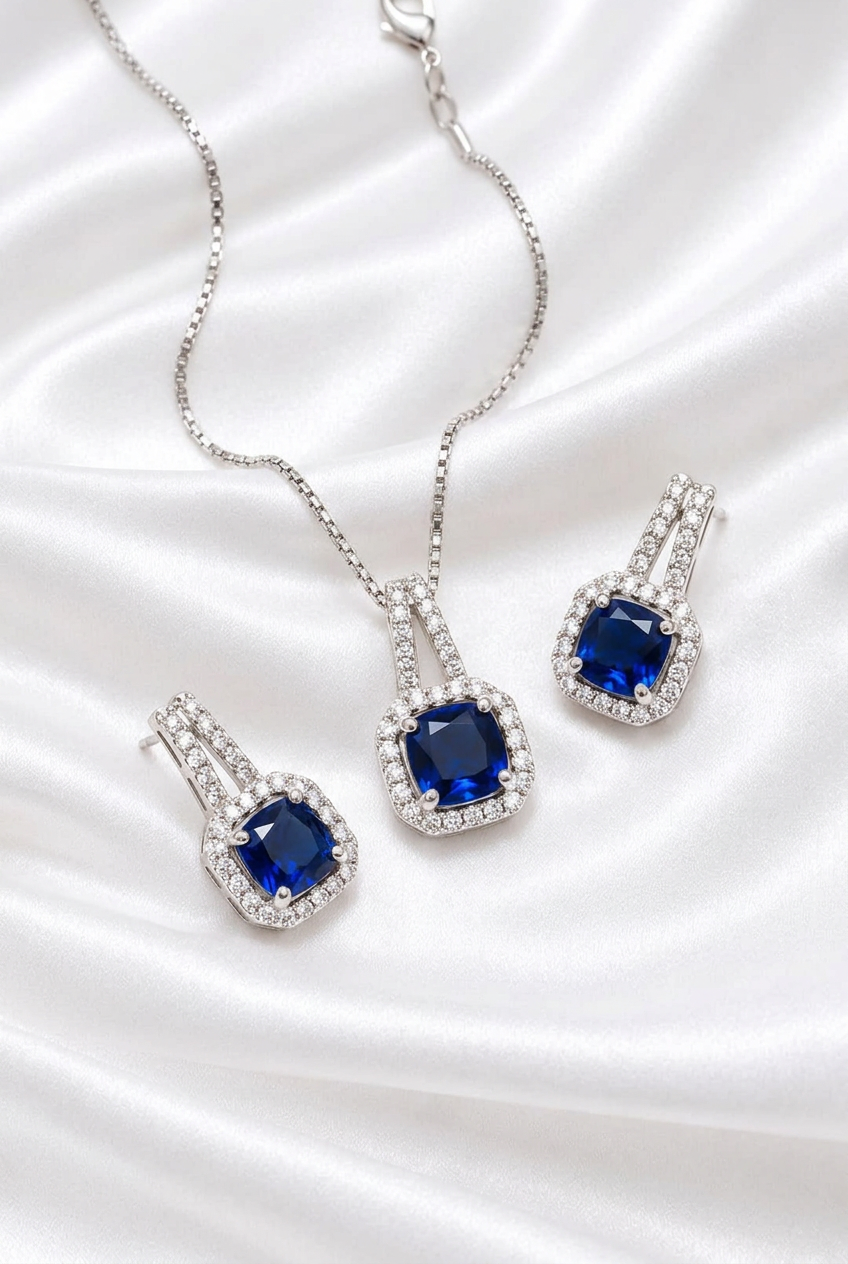 Elegant Blue Cushion-Cut Zircon Pendant Necklace & Matching Earrings Set