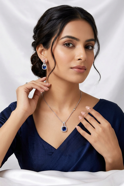 Elegant Blue Cushion-Cut Zircon Pendant Necklace & Matching Earrings Set