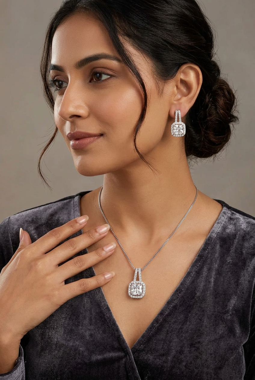 Elegant Cushion-Cut Zircon Pendant Necklace & Matching Earrings Set
