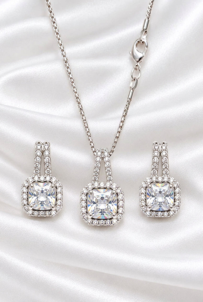 Elegant Cushion-Cut Zircon Pendant Necklace & Matching Earrings Set