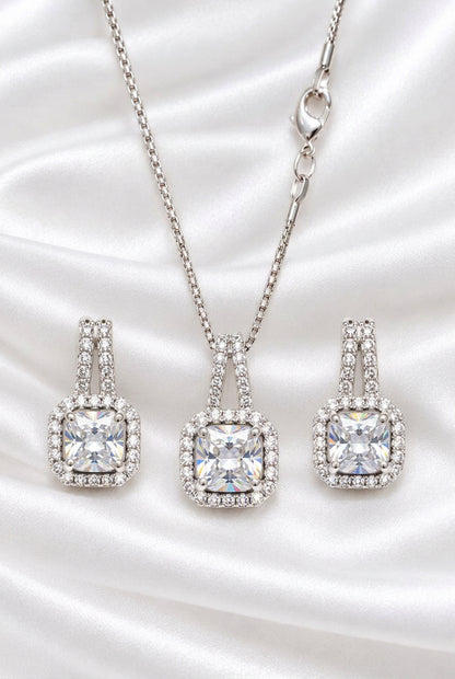 Elegant Cushion-Cut Zircon Pendant Necklace & Matching Earrings Set