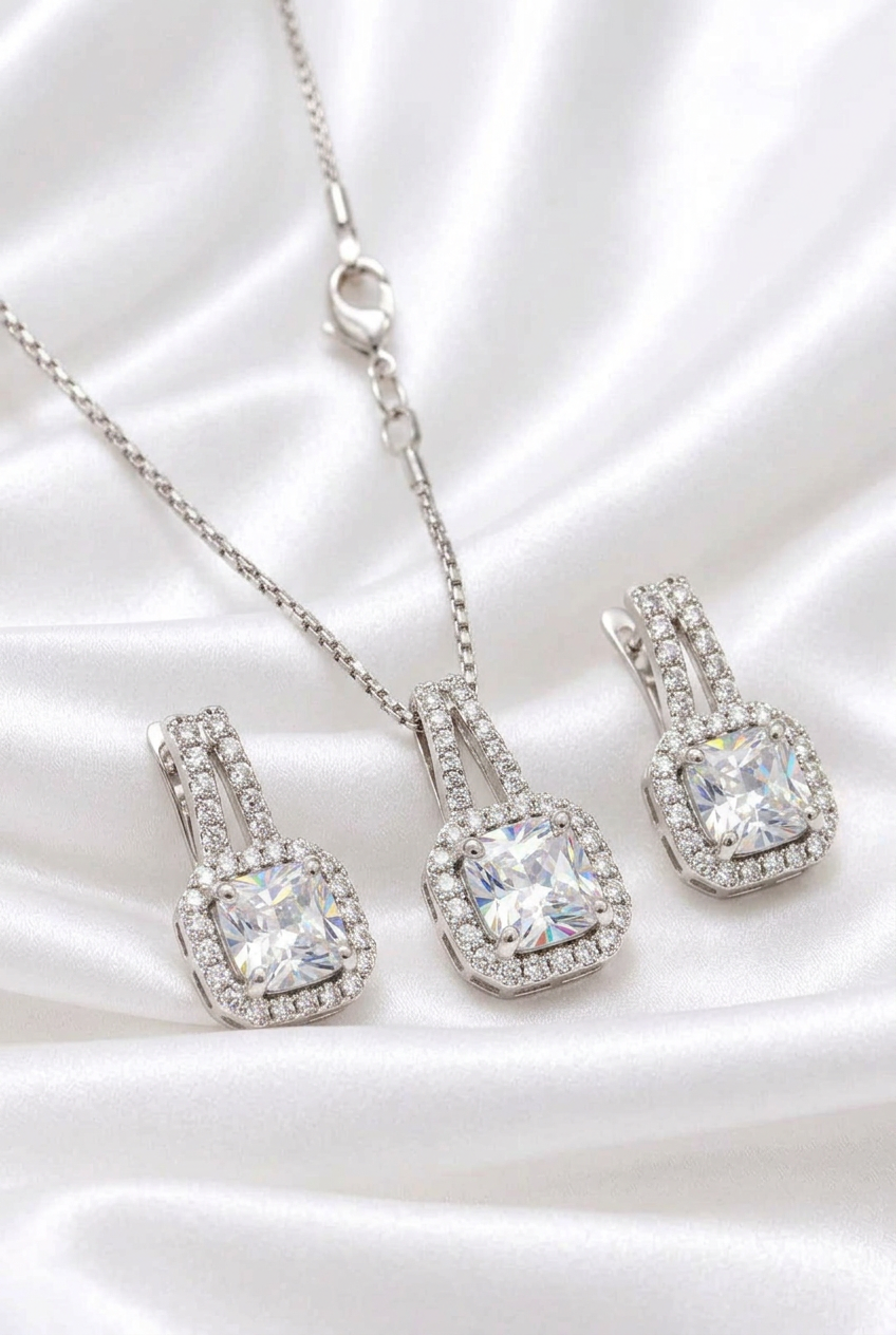 Elegant Cushion-Cut Zircon Pendant Necklace & Matching Earrings Set