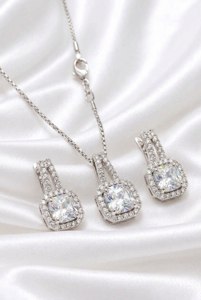 Elegant Cushion-Cut Zircon Pendant Necklace & Matching Earrings Set