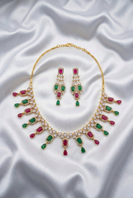 Dual-Tone Gemstone CZ Statement Necklace & Drop Earring Set