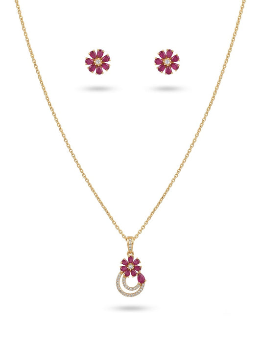 Gold Plated Sky Blue Floral Stone Pendant Necklace and Studs Set