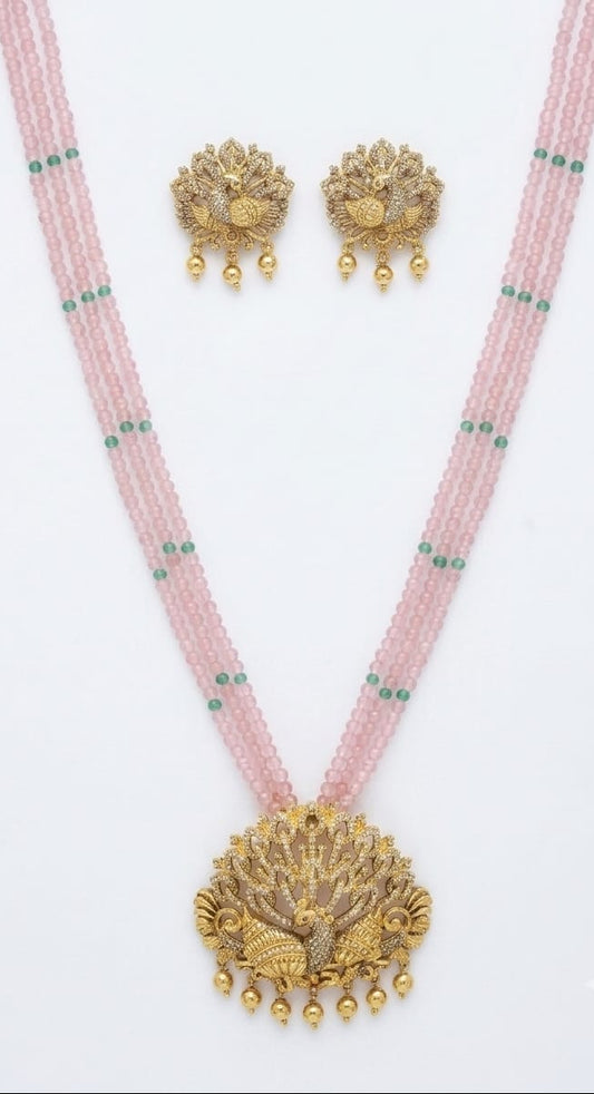 Pink Beaded Peacock Pendant Necklace Set with Earrings | Traditional Jewelry