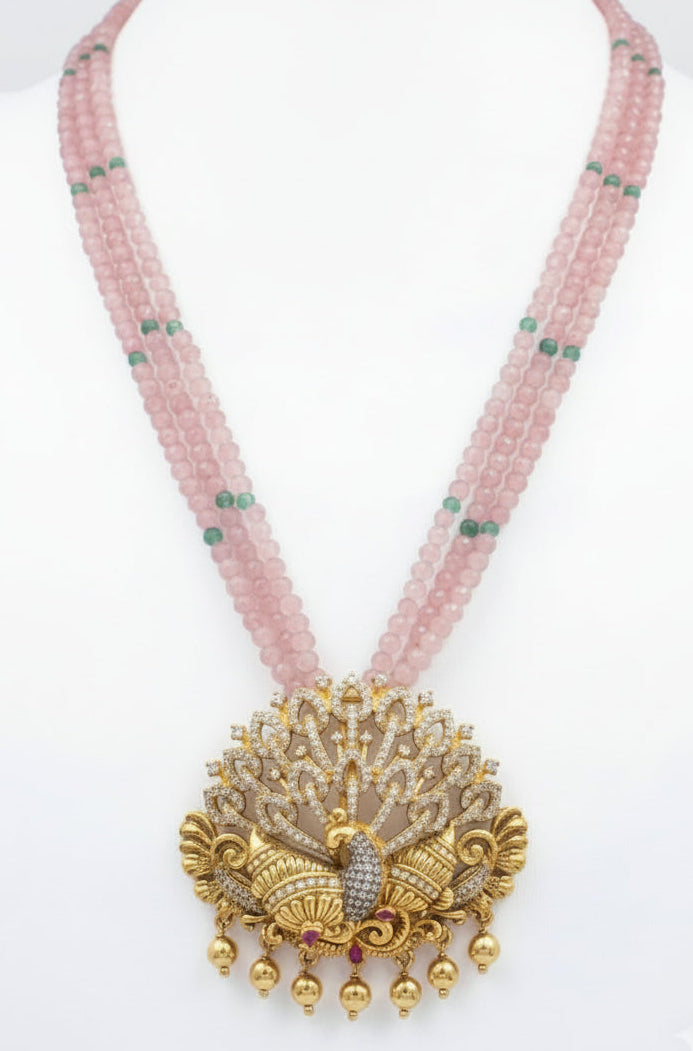 Pink Beaded Peacock Pendant Necklace Set with Earrings | Traditional Jewelry