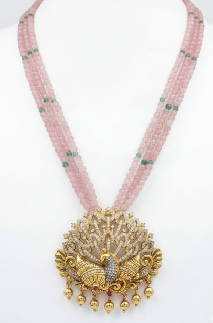 Pink Beaded Peacock Pendant Necklace Set with Earrings | Traditional Jewelry