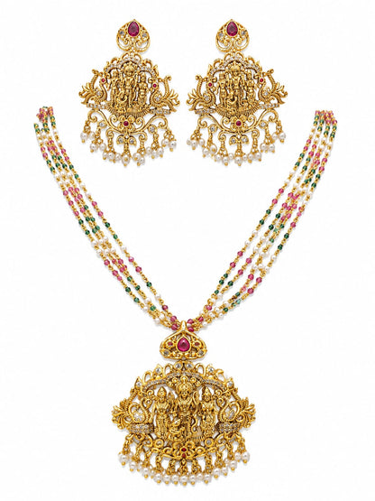 Traditional Lakshmi Temple Jewelry Set with Multicolor Beads & Pearl Drops