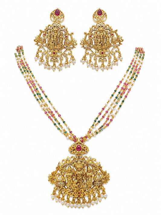 Traditional Lakshmi Temple Jewelry Set with Multicolor Beads & Pearl Drops