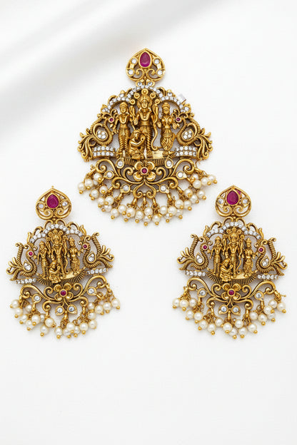 Traditional Temple Necklace Set with Lord Rama Pendant & Matching Earrings | Multicolor Beaded Jewelry