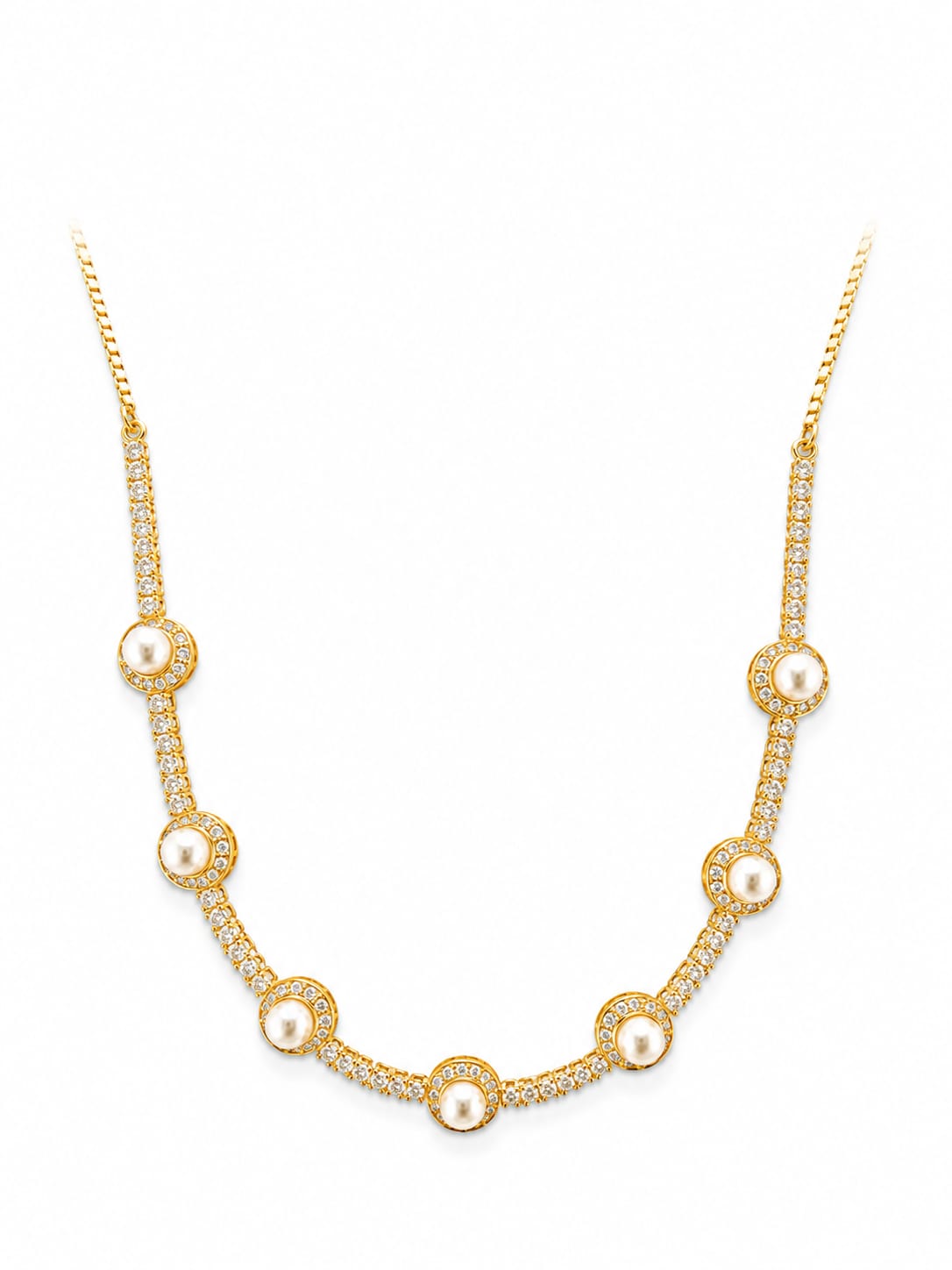 Gold Plated Pearl & Zircon Station Necklace Set with Matching Stud Earrings | Elegant Bridal Jewelry