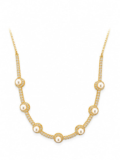 Gold Plated Pearl & Zircon Station Necklace Set with Matching Stud Earrings | Elegant Bridal Jewelry