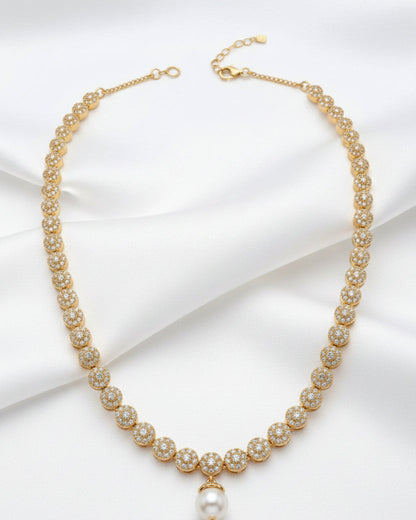 Gold Plated CZ Ball Pearl Drop Necklace Set with Matching Earrings | Bridal & Party Wear