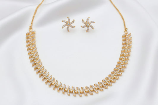 22K Gold Plated Zircon Swirl Necklace Set with Matching Stud Earrings