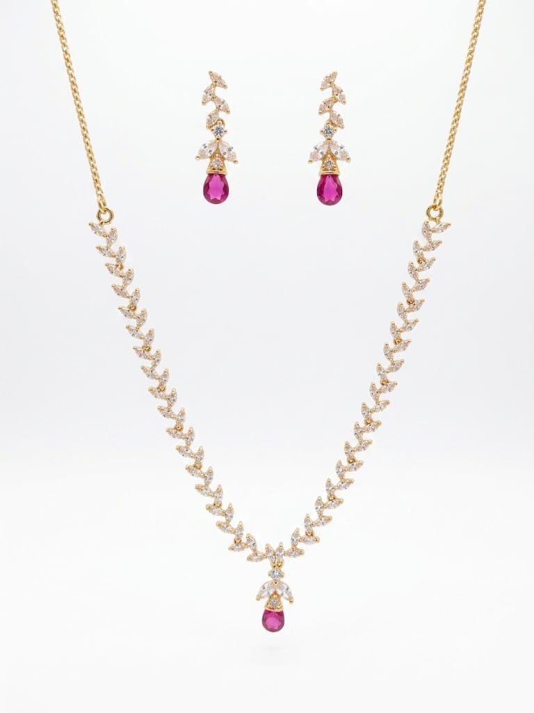 Pink and White Zircon Stone Necklace and Earrings Set