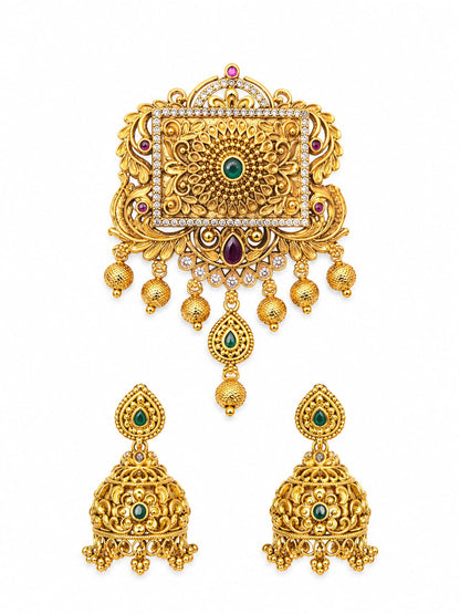 Red Multi-Strand Beaded Antique Necklace Set | Gold Plated Statement Pendant with Jhumka Earrings
